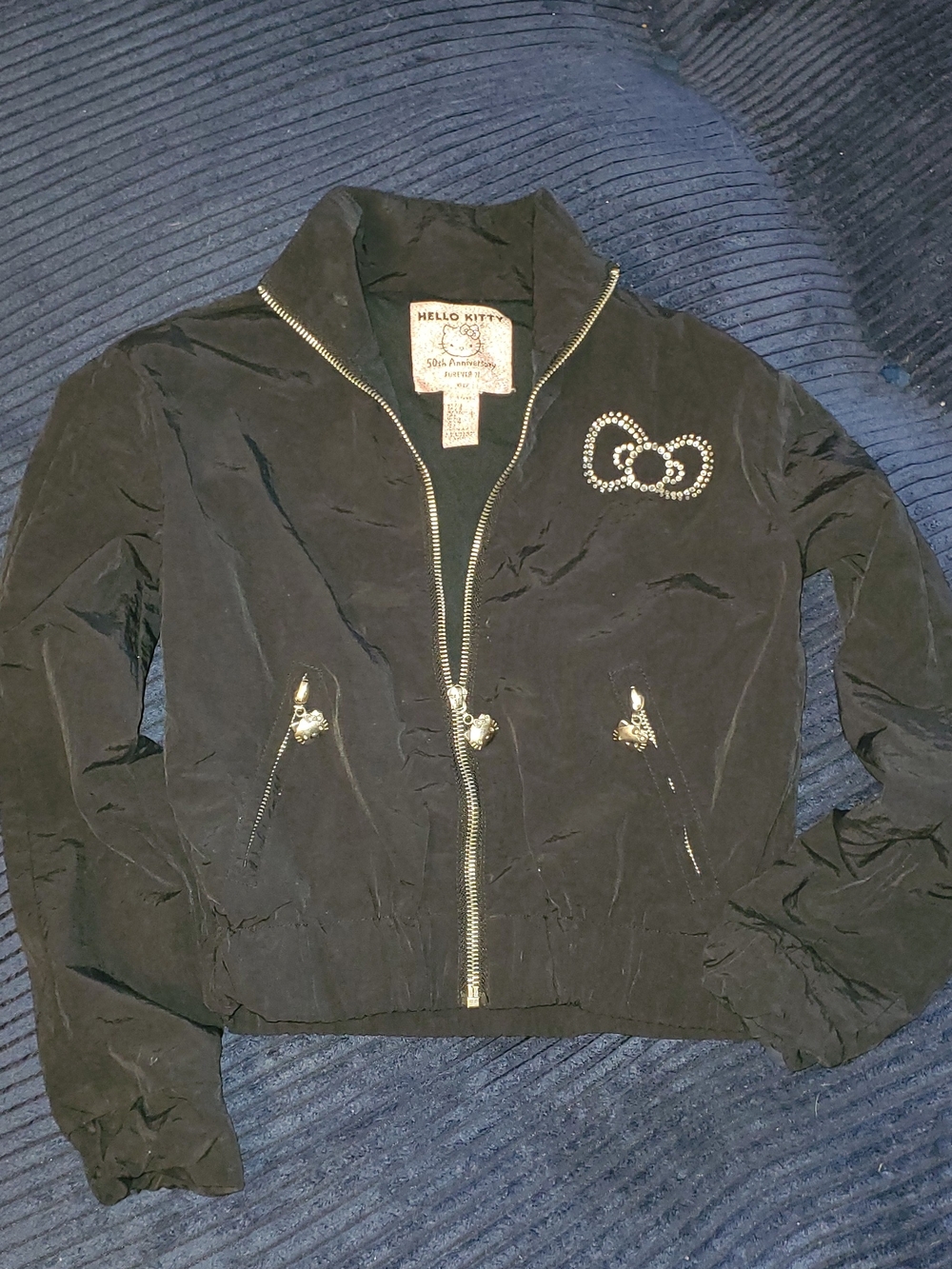Hello Kitty Black Crystal Logo Zip-Up Bomber Jacket